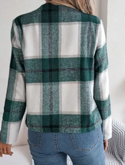 Women's Casual Jacket Comfortable Breathable Print Casual Plaid Vacation Street Daily Wear Going out Open Front Short Stand Collar Regular Fit Long Sleeve Outerwear Navy Red Green Summer Spring