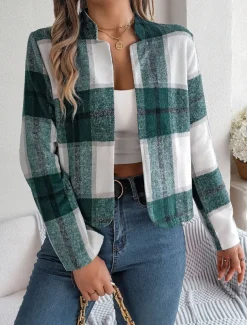 Women's Casual Jacket Comfortable Breathable Print Casual Plaid Vacation Street Daily Wear Going out Open Front Short Stand Collar Regular Fit Long Sleeve Outerwear Navy Red Green Summer Spring