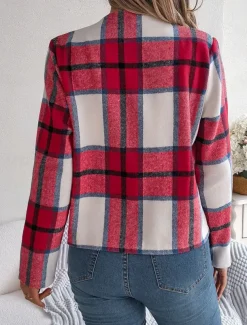 Women's Casual Jacket Comfortable Breathable Print Casual Plaid Vacation Street Daily Wear Going out Open Front Short Stand Collar Regular Fit Long Sleeve Outerwear Navy Red Green Summer Spring