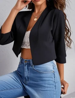 Women's Casual Jacket Comfortable Breathable Open Front Casual Plain Vacation Street Casual Daily Wear Open Front Short V Neck Regular Fit Long Sleeve Outerwear Navy Black White Summer Spring