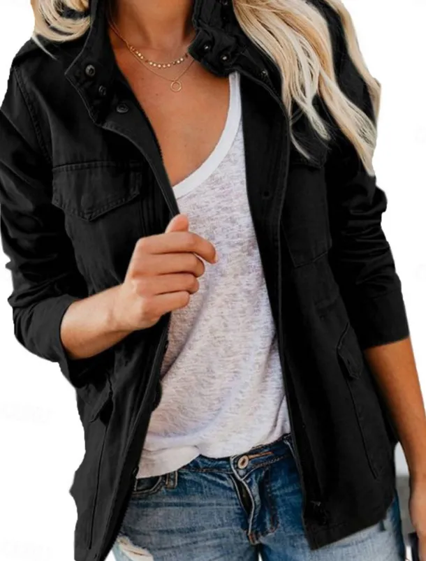 Women's Casual Jacket Comfortable Breathable Zipper Pocket Fashion Casual Plain Vacation Street Casual Daily Wear Zipper Regular Stand Collar Regular Fit Long Sleeve Outerwear Black Wine Brown Summer