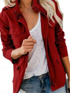 Women's Casual Jacket Comfortable Breathable Zipper Pocket Fashion Casual Plain Vacation Street Casual Daily Wear Zipper Regular Stand Collar Regular Fit Long Sleeve Outerwear Black Wine Brown Summer