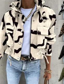 Women's Casual Jacket Comfortable Breathable Zipper Print Casual Color Block Vacation Street Casual Daily Wear Zipper Short Turndown Regular Fit Long Sleeve Outerwear Black White Yellow Spring Fall