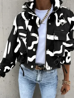 Women's Casual Jacket Comfortable Breathable Zipper Print Casual Color Block Vacation Street Casual Daily Wear Zipper Short Turndown Regular Fit Long Sleeve Outerwear Black White Yellow Spring Fall