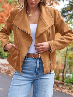 Women's Casual Jacket Comfortable Breathable Zipper Pocket Casual Plain Vacation Street Casual Daily Wear Zipper Short Lapel Regular Fit Long Sleeve Outerwear Black Brown Army Green Spring Fall