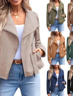 Women's Casual Jacket Comfortable Breathable Zipper Pocket Casual Plain Vacation Street Casual Daily Wear Zipper Short Lapel Regular Fit Long Sleeve Outerwear Black Brown Army Green Spring Fall