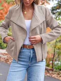 Women's Casual Jacket Comfortable Breathable Zipper Pocket Casual Plain Vacation Street Casual Daily Wear Zipper Short Lapel Regular Fit Long Sleeve Outerwear Black Brown Army Green Spring Fall