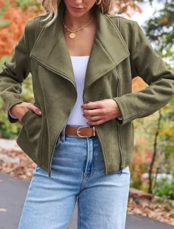 Women's Casual Jacket Comfortable Breathable Zipper Pocket Casual Plain Vacation Street Casual Daily Wear Zipper Short Lapel Regular Fit Long Sleeve Outerwear Black Brown Army Green Spring Fall