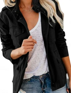 Women's Casual Jacket Comfortable Breathable Zipper Pocket Casual Plain Vacation Street Casual Daily Wear Zipper Regular Stand Collar Regular Fit Long Sleeve Outerwear Black Khaki Army Green Summer