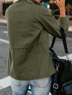 Women's Casual Jacket Comfortable Breathable Zipper Pocket Casual Plain Vacation Street Casual Daily Wear Zipper Regular Stand Collar Regular Fit Long Sleeve Outerwear Black Khaki Army Green Summer