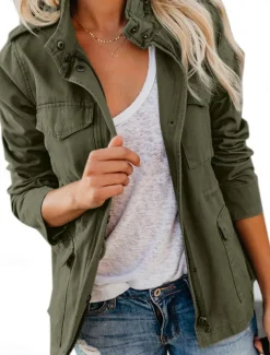 Women's Casual Jacket Comfortable Breathable Zipper Pocket Casual Plain Vacation Street Casual Daily Wear Zipper Regular Stand Collar Regular Fit Long Sleeve Outerwear Black Khaki Army Green Summer