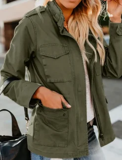 Women's Casual Jacket Comfortable Breathable Zipper Pocket Casual Plain Vacation Street Casual Daily Wear Zipper Regular Stand Collar Regular Fit Long Sleeve Outerwear Black Khaki Army Green Summer
