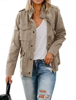 Women's Casual Jacket Comfortable Breathable Zipper Pocket Casual Plain Vacation Street Casual Daily Wear Zipper Regular Stand Collar Regular Fit Long Sleeve Outerwear Black Khaki Army Green Summer