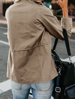 Women's Casual Jacket Comfortable Breathable Zipper Pocket Casual Plain Vacation Street Casual Daily Wear Zipper Regular Stand Collar Regular Fit Long Sleeve Outerwear Black Khaki Army Green Summer