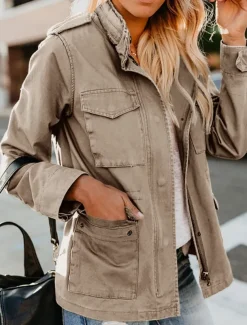 Women's Casual Jacket Comfortable Breathable Zipper Pocket Casual Plain Vacation Street Casual Daily Wear Zipper Regular Stand Collar Regular Fit Long Sleeve Outerwear Black Khaki Army Green Summer