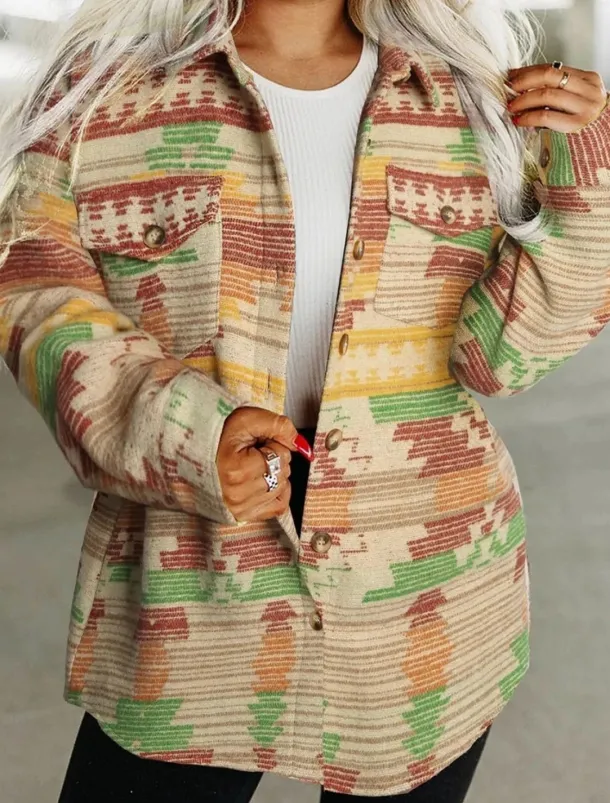 Women's Casual Jacket Comfortable Breathable Pocket Buttons Print Fashion Casual Geometric Vacation Street Casual Daily Wear Single Breasted Regular Turndown Regular Fit Long Sleeve Outerwear Pink