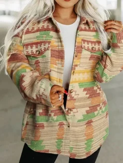 Women's Casual Jacket Comfortable Breathable Pocket Buttons Print Fashion Casual Geometric Vacation Street Casual Daily Wear Single Breasted Regular Turndown Regular Fit Long Sleeve Outerwear Pink