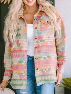 Women's Casual Jacket Comfortable Breathable Pocket Buttons Print Fashion Casual Geometric Vacation Street Casual Daily Wear Single Breasted Regular Turndown Regular Fit Long Sleeve Outerwear Pink