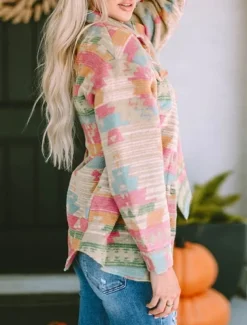 Women's Casual Jacket Comfortable Breathable Pocket Buttons Print Fashion Casual Geometric Vacation Street Casual Daily Wear Single Breasted Regular Turndown Regular Fit Long Sleeve Outerwear Pink