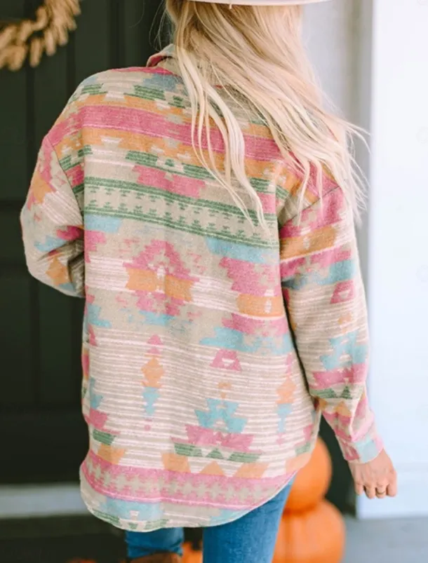 Women's Casual Jacket Comfortable Breathable Pocket Buttons Print Fashion Casual Geometric Vacation Street Casual Daily Wear Single Breasted Regular Turndown Regular Fit Long Sleeve Outerwear Pink