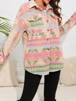 Women's Casual Jacket Comfortable Breathable Pocket Buttons Print Fashion Casual Geometric Vacation Street Casual Daily Wear Single Breasted Regular Turndown Regular Fit Long Sleeve Outerwear Pink