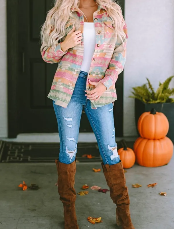 Women's Casual Jacket Comfortable Breathable Pocket Buttons Print Fashion Casual Geometric Vacation Street Casual Daily Wear Single Breasted Regular Turndown Regular Fit Long Sleeve Outerwear Pink