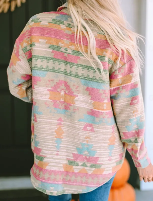 Women's Casual Jacket Comfortable Breathable Pocket Buttons Print Fashion Casual Geometric Vacation Street Casual Daily Wear Single Breasted Regular Turndown Regular Fit Long Sleeve Outerwear Pink