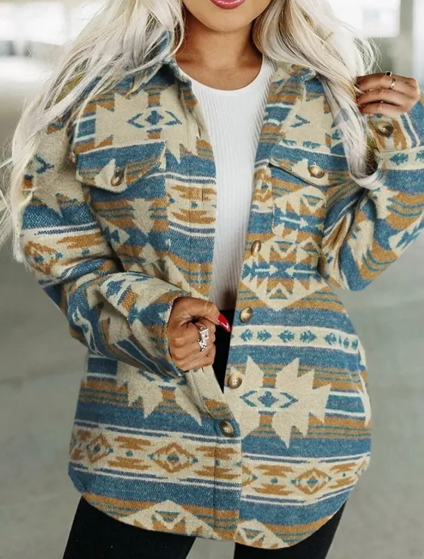 Women's Casual Jacket Comfortable Breathable Pocket Buttons Print Fashion Casual Geometric Vacation Street Casual Daily Wear Single Breasted Regular Turndown Regular Fit Long Sleeve Outerwear Pink