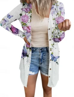 Women's Casual Jacket Comfortable Breathable Print Casual Butterfly Vacation Street Casual Daily Wear Single Breasted Long V Neck Regular Fit Long Sleeve Outerwear White Red Purple Summer Spring