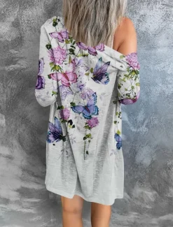 Women's Casual Jacket Comfortable Breathable Print Casual Butterfly Vacation Street Casual Daily Wear Single Breasted Long V Neck Regular Fit Long Sleeve Outerwear White Red Purple Summer Spring