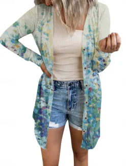 Women's Casual Jacket Comfortable Breathable Print Casual Butterfly Vacation Street Casual Daily Wear Single Breasted Long V Neck Regular Fit Long Sleeve Outerwear White Red Purple Summer Spring