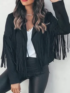 Women's Casual Jacket Dailywear Tassel Solid Color Windproof Vintage Regular Fit Outerwear Long Sleeve Summer Maroon S