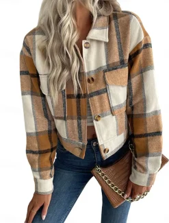 Women's Casual Jacket Outdoor Street Daily Wear Fall Winter Short Coat Regular Fit Thermal Warm Breathable Stylish Casual Jacket Long Sleeve Stripes and Plaid with Pockets Print Black Navy Blue Purple