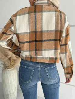 Women's Casual Jacket Outdoor Street Daily Wear Fall Winter Short Coat Regular Fit Thermal Warm Breathable Stylish Casual Jacket Long Sleeve Stripes and Plaid with Pockets Print Black Navy Blue Purple