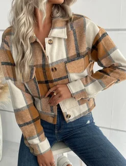 Women's Casual Jacket Outdoor Street Daily Wear Fall Winter Short Coat Regular Fit Thermal Warm Breathable Stylish Casual Jacket Long Sleeve Stripes and Plaid with Pockets Print Black Navy Blue Purple