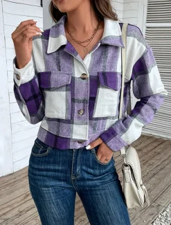 Women's Casual Jacket Outdoor Street Daily Wear Fall Winter Short Coat Regular Fit Thermal Warm Breathable Stylish Casual Jacket Long Sleeve Stripes and Plaid with Pockets Print Black Navy Blue Purple