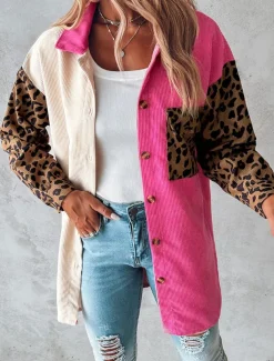 Women's Casual Jacket Outdoor Buttons Leopard Windproof Fashion Regular Fit Outerwear Long Sleeve Fall Blue S