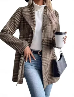 Women's Casual Jacket Outdoor Street Daily Wear Fall Winter Regular Coat Regular Fit Thermal Warm Breathable Stylish Casual Jacket Long Sleeve Stripes and Plaid with Pockets Print Red Camel Gray