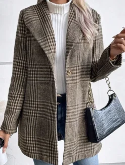 Women's Casual Jacket Outdoor Street Daily Wear Fall Winter Regular Coat Regular Fit Thermal Warm Breathable Stylish Casual Jacket Long Sleeve Stripes and Plaid with Pockets Print Red Camel Gray