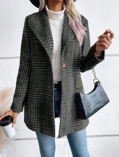 Women's Casual Jacket Outdoor Street Daily Wear Fall Winter Regular Coat Regular Fit Thermal Warm Breathable Stylish Casual Jacket Long Sleeve Stripes and Plaid with Pockets Print Red Camel Gray