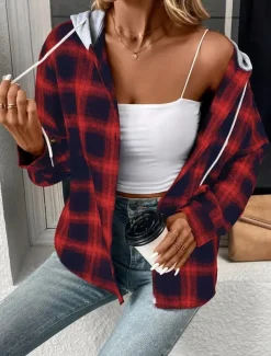 Women's Casual Jacket Outdoor Street Daily Wear Fall Winter Regular Coat Regular Fit Thermal Warm Breathable Stylish Casual Jacket Long Sleeve Stripes and Plaid with Pockets Print Pink Red Brown