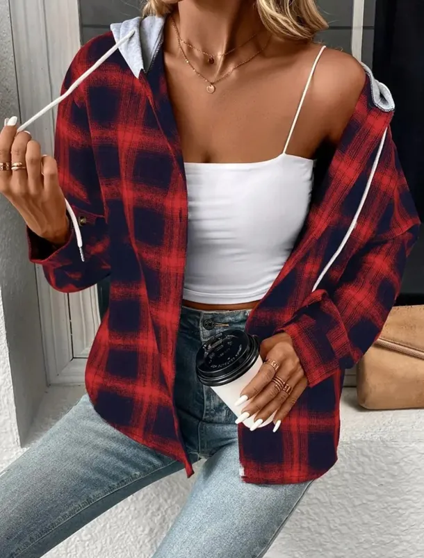 Women's Casual Jacket Outdoor Street Daily Wear Fall Winter Regular Coat Regular Fit Thermal Warm Breathable Stylish Casual Jacket Long Sleeve Stripes and Plaid with Pockets Print Pink Red Brown