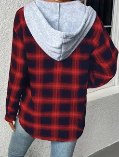 Women's Casual Jacket Outdoor Street Daily Wear Fall Winter Regular Coat Regular Fit Thermal Warm Breathable Stylish Casual Jacket Long Sleeve Stripes and Plaid with Pockets Print Pink Red Brown