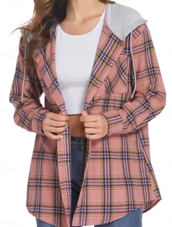 Women's Casual Jacket Outdoor Street Daily Wear Fall Winter Regular Coat Regular Fit Thermal Warm Breathable Stylish Casual Jacket Long Sleeve Stripes and Plaid with Pockets Print Pink Red Brown