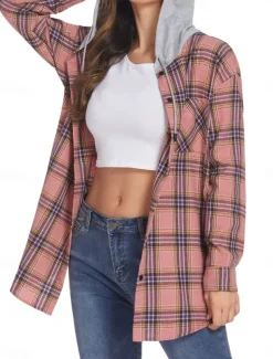 Women's Casual Jacket Outdoor Street Daily Wear Fall Winter Regular Coat Regular Fit Thermal Warm Breathable Stylish Casual Jacket Long Sleeve Stripes and Plaid with Pockets Print Pink Red Brown