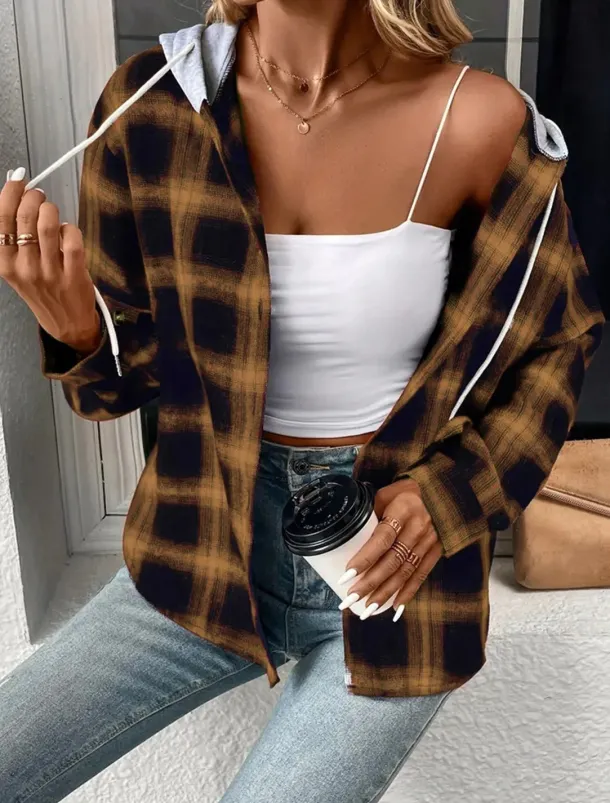 Women's Casual Jacket Outdoor Street Daily Wear Fall Winter Regular Coat Regular Fit Thermal Warm Breathable Stylish Casual Jacket Long Sleeve Stripes and Plaid with Pockets Print Pink Red Brown