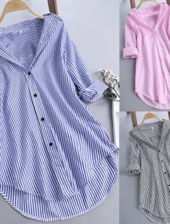 Women's Casual Jacket Shacket Comfortable Breathable Pocket Buttons Print Casual Stripe Vacation Street Daily Wear Going out Single Breasted Long Stand Collar Regular Fit Long Sleeve Outerwear Black