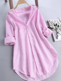 Women's Casual Jacket Shacket Comfortable Breathable Pocket Buttons Print Casual Stripe Vacation Street Daily Wear Going out Single Breasted Long Stand Collar Regular Fit Long Sleeve Outerwear Black