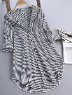 Women's Casual Jacket Shacket Comfortable Breathable Pocket Buttons Print Casual Stripe Vacation Street Daily Wear Going out Single Breasted Long Stand Collar Regular Fit Long Sleeve Outerwear Black