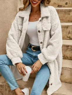 Women's Casual Jacket Street Daily Wear Fall Winter Regular Coat Loose Fit Warm Breathable Comtemporary Stylish Plush Jacket Long Sleeve Solid Color with Pockets Print Light Brown Khaki